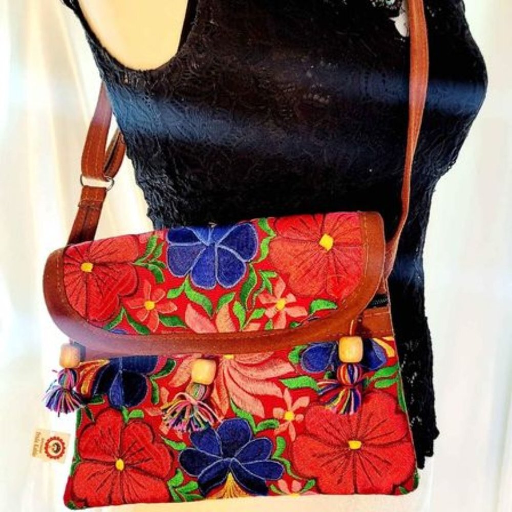 Handbag Faux Suede Multicolor Floral Embroidered Shoulder Tote Bag